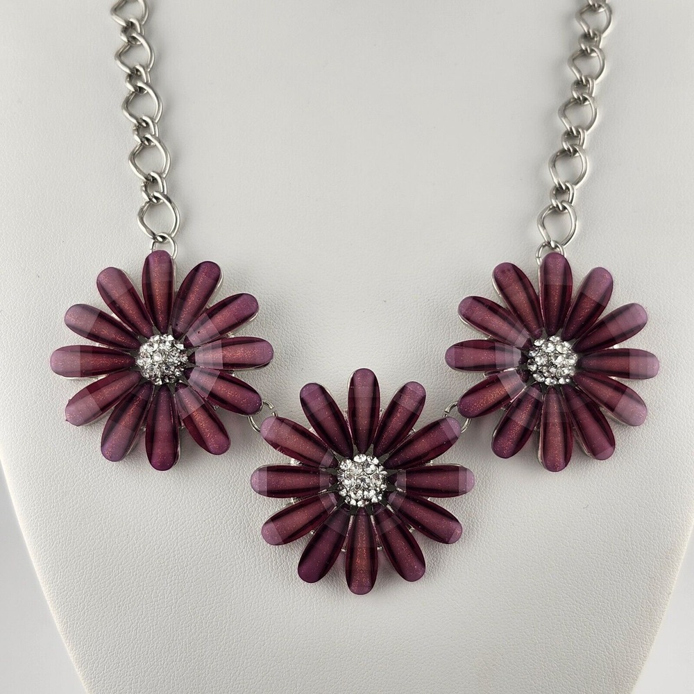 Purple Flower Necklace Rhinestone Centers Silver Tone